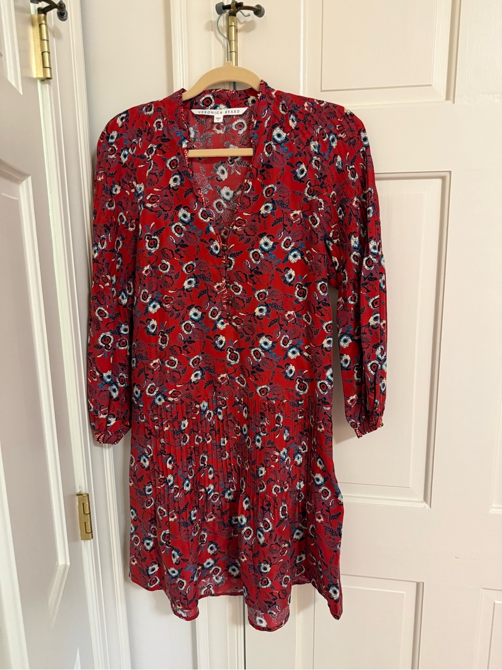 Veronica Beard Red Floral V-Neck Long Sleeve Dress